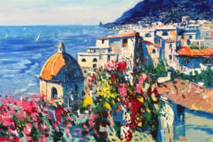 An original Positano oil painting on canvas by Agostino Veroni, featuring a textured panoramic view of the coastal village with blooming flowers and the iconic church dome in heavy impasto.