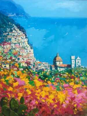 An original vertical oil painting of Positano by Agostino Veroni, featuring the colorful cliffside houses, the church dome, and vibrant Mediterranean flowers in the foreground, created with a heavy impasto palette knife.