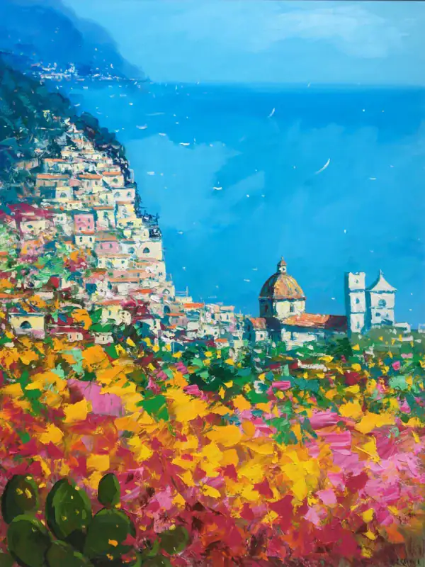 An original vertical oil painting of Positano by Agostino Veroni, featuring the colorful cliffside houses, the church dome, and vibrant Mediterranean flowers in the foreground, created with a heavy impasto palette knife.