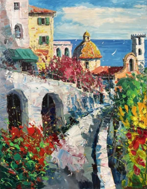 A vertical original Positano oil painting on canvas by Agostino Veroni, featuring a textured view of a scenic coastal alley with blooming flowers and the church dome in heavy impasto.