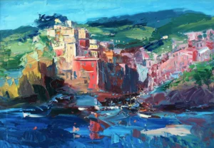 A horizontal original Riomaggiore Cinque Terre oil painting on canvas by Agostino Veroni, featuring a textured view of the colorful cliffside village above the blue sea with heavy impasto.