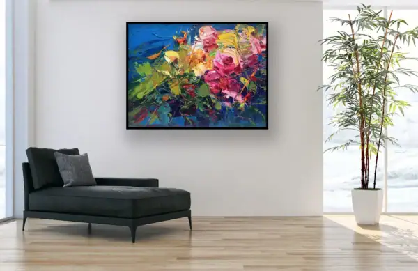 A modern abstract floral oil painting on canvas displayed in a spacious, sunlit living room next to a sleek black chaise longue.