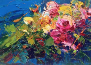 An original rose abstract oil painting on canvas by Agostino Veroni, featuring a heavily textured floral landscape with vibrant pink blossoms and deep blue background.