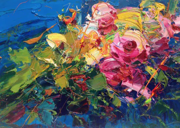 An original rose abstract oil painting on canvas by Agostino Veroni, featuring a heavily textured floral landscape with vibrant pink blossoms and deep blue background.
