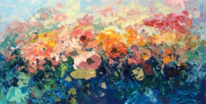 A large horizontal original roses floral oil painting by Agostino Veroni, featuring a dense garden of pink and orange blossoms with heavy impasto palette knife texture.