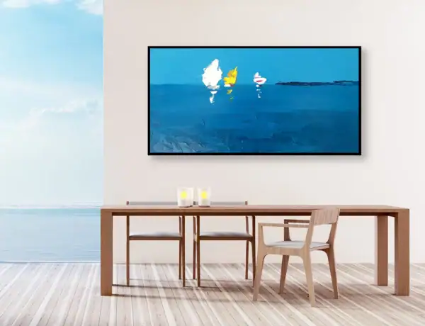 The large horizontal minimalist sailboat canvas hanging in a modern dining room with a wooden table facing a panoramic sea view.