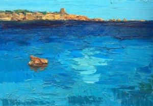 A horizontal original Sardinia seascape oil painting on canvas by Agostino Veroni, featuring a crystal-clear blue sea and golden cliffs with heavy impasto.