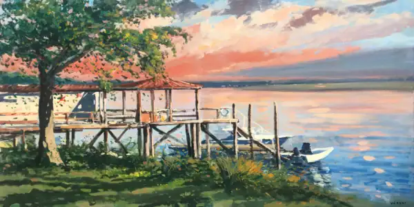 A large horizontal original Savannah sunset oil painting by Agostino Veroni, featuring a wooden dock, boats, a large tree, and a fiery sky with heavy impasto.