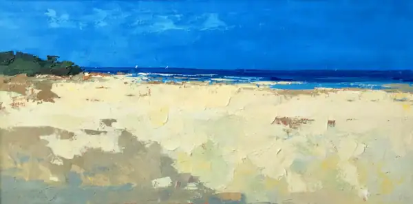 A horizontal original seascape oil painting by Agostino Veroni, featuring a vast sandy beach and a deep blue sea in a contemporary impressionist style.