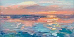 A large horizontal original seascape oil painting by Agostino Veroni, depicting a soft pastel pink and lavender sky reflecting over a calm turquoise ocean with heavy impasto.