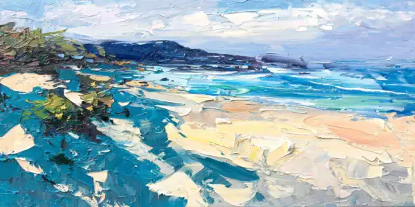 A horizontal original seascape oil painting by Agostino Veroni, featuring turquoise waves and a textured beach in a modern impressionist style.