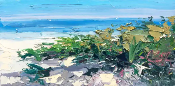 A horizontal original seascape oil painting by Agostino Veroni, depicting green coastal vegetation and a blue sea in a textured expressionist style with heavy impasto.