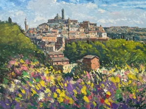 An original Siena landscape oil painting on canvas by Agostino Veroni, featuring a textured cityscape view of the medieval town with a wildflower field in heavy impasto.