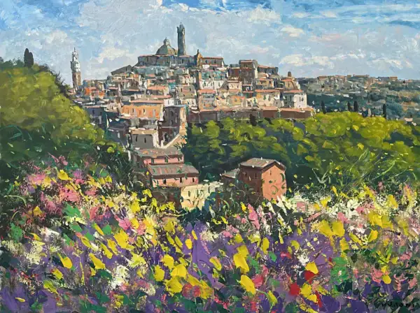 An original Siena landscape oil painting on canvas by Agostino Veroni, featuring a textured cityscape view of the medieval town with a wildflower field in heavy impasto.