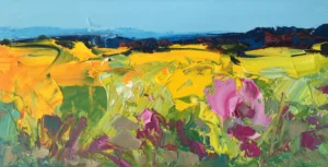 A horizontal original sunflower oil painting of a sunflower field in Tuscany by Agostino Veroni, featuring bold textures and vibrant yellow and pink tones.