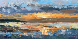 A horizontal original sunset ocean oil painting on canvas by Agostino Veroni, featuring a dramatic cloudy sky with a bright golden horizon and heavy impasto texture.