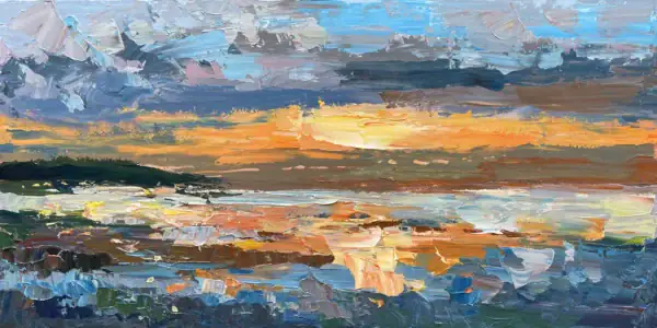 A horizontal original sunset ocean oil painting on canvas by Agostino Veroni, featuring a dramatic cloudy sky with a bright golden horizon and heavy impasto texture.