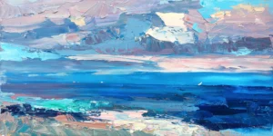 A large horizontal original sunset oil painting by Agostino Veroni, featuring a dramatic pink and lavender sky over a deep blue ocean with heavy impasto texture.