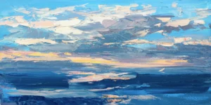 A large horizontal original sunset oil painting by Agostino Veroni, featuring a cloudy blue and gold sky reflecting over a deep blue ocean with heavy impasto.