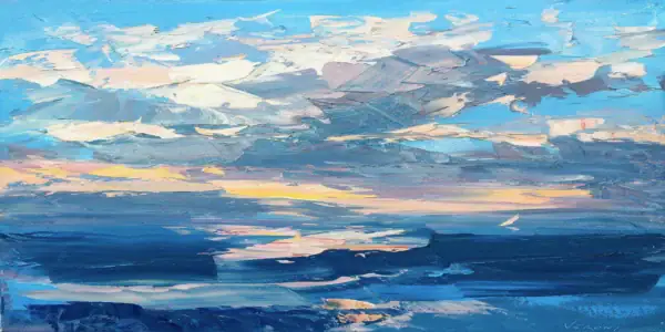 A large horizontal original sunset oil painting by Agostino Veroni, featuring a cloudy blue and gold sky reflecting over a deep blue ocean with heavy impasto.