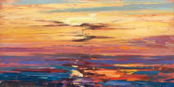 A horizontal original sunset oil painting by Agostino Veroni, featuring a vibrant sky and textured ocean reflections in a modern impressionist style.