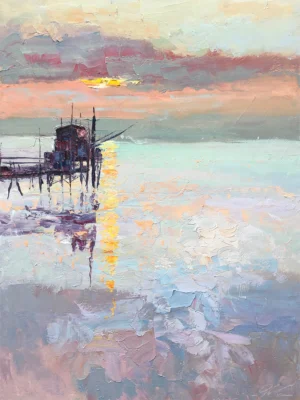 A vertical original sunset sea oil painting on canvas by Agostino Veroni, featuring a textured view of a fishing pier at twilight with heavy impasto water reflections.