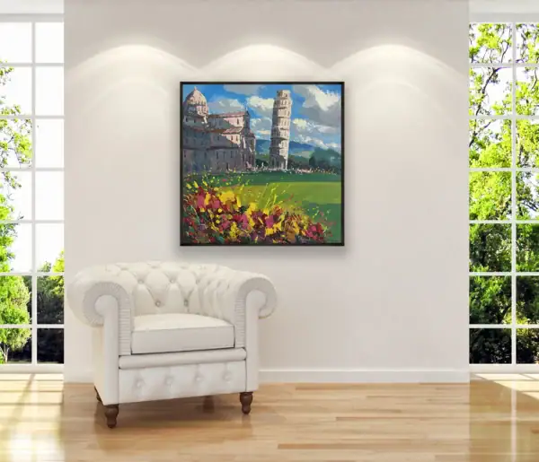The luminous architectural landscape painting perfectly scaled and displayed in a bright, minimalist setting next to a large sunny window.