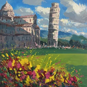 A square original Tower of Pisa oil painting on canvas by Agostino Veroni, featuring the famous tower, cathedral, and a field of red and yellow flowers with heavy impasto.