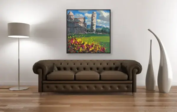 The square contemporary Italian landscape artwork displayed elegantly above a rich brown leather Chesterfield sofa in a refined interior.
