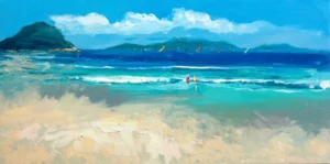 A large horizontal original tropical beach oil painting by Agostino Veroni, showing a bright turquoise bay with two figures on the shore and windsurfers in the background.