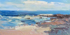 A large horizontal original turquoise beach oil painting by Agostino Veroni, featuring crystal-clear water, a wide sandy shore, and a tiny sailboat under a cloudy sky with heavy impasto.