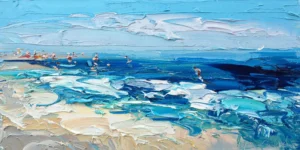 A large horizontal original turquoise ocean oil painting by Agostino Veroni, featuring a bright Italian beach scene with textured waves and heavy impasto.