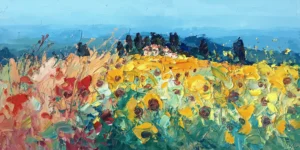 A large horizontal original Tuscan sunflower field oil painting by Agostino Veroni, featuring a bright yellow sunflower landscape with a farmhouse and heavy impasto.