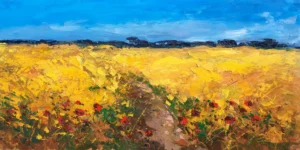 A large horizontal original Tuscan wheat field oil painting by Agostino Veroni, featuring a golden grain landscape with red poppies and heavy impasto texture.