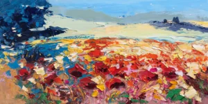 A large horizontal original sunflowers landscape oil painting by Agostino Veroni, showing a bright yellow sunflower and red poppy field with heavy impasto.