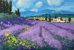 original Tuscany lavender oil painting on canvas by Agostino Veroni, featuring a textured purple floral field and a farmhouse with heavy impasto.