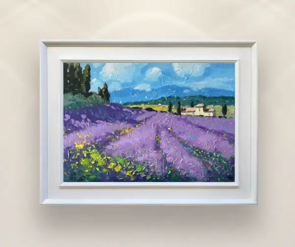 A crisp, front-facing view of the framed horizontal Tuscan countryside oil painting, showcasing the complete composition and its white frame.