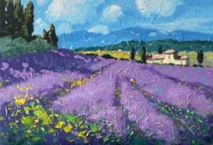 A horizontal original Tuscany lavender oil painting on canvas by Agostino Veroni, featuring a textured purple floral field and a farmhouse with heavy impasto.