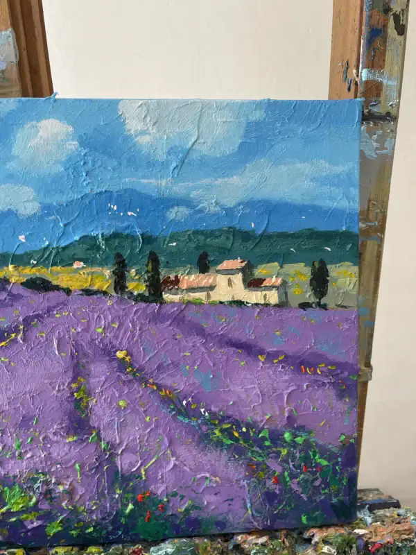 Vertical macro view showing the textured lavender oil painting, perfect as an elegant and relaxing focal point for a romantic bedroom decor.
