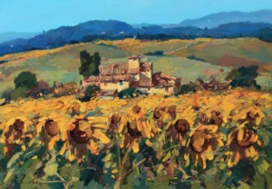 A horizontal original Tuscany sunflowers oil painting on canvas by Agostino Veroni, featuring a textured field of golden sunflowers and a stone farmhouse with heavy impasto.