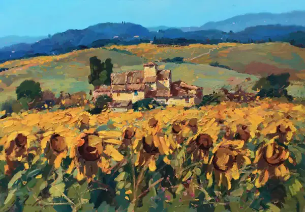 A horizontal original Tuscany sunflowers oil painting on canvas by Agostino Veroni, featuring a textured field of golden sunflowers and a stone farmhouse with heavy impasto.