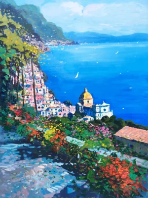 A vertical original Positano oil painting on canvas by Agostino Veroni, featuring a textured panoramic view of the cliffside village, golden dome, and vibrant coastal flowers with heavy impasto.