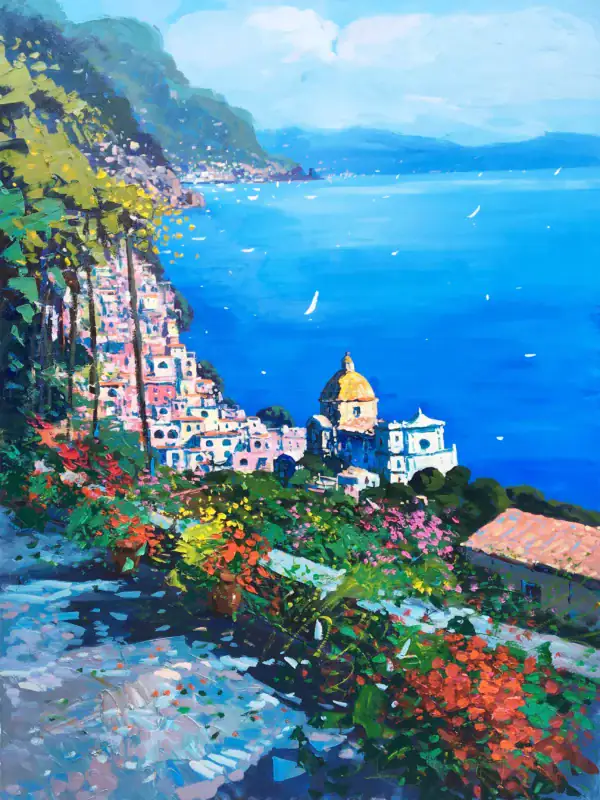 A vertical original Positano oil painting on canvas by Agostino Veroni, featuring a textured panoramic view of the cliffside village, golden dome, and vibrant coastal flowers with heavy impasto.