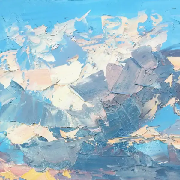 Close-up detail highlighting the thick, volumetric white and lavender oil paint layers texturizing the dramatic storm clouds.