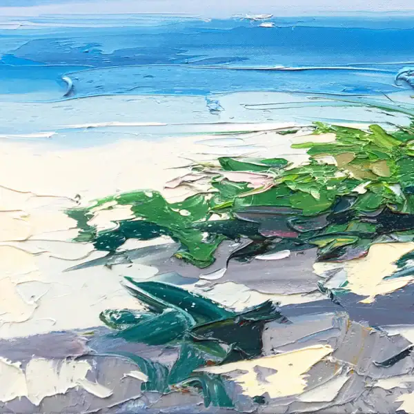 A close-up detail of the Mediterranean vegetation and sandy shore, showing the intricate palette knife work and vibrant green tones.