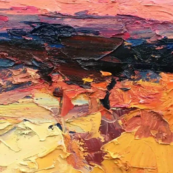 Close-up detail of the central horizon in the abstract painting, highlighting the powerful and dynamic palette knife work and the thick layering of dark and warm oil colors.