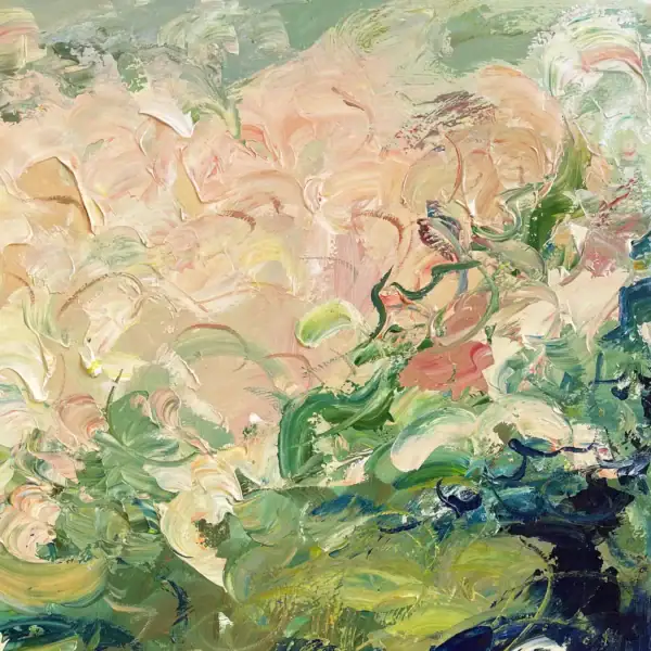 Close-up detail showcasing the thick, sculptural layers of soft pink and white oil paint texturizing the abstract floral petals.