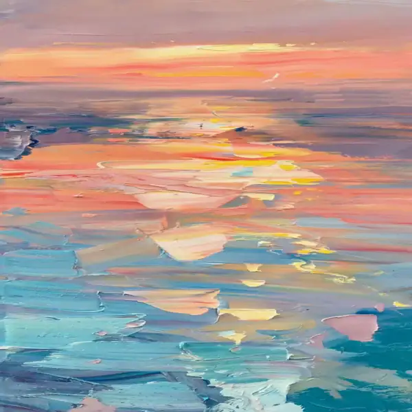 Close-up vertical detail of the right section of the canvas, showing thick palette knife strokes of gold, pink, and orange reflecting over the water.