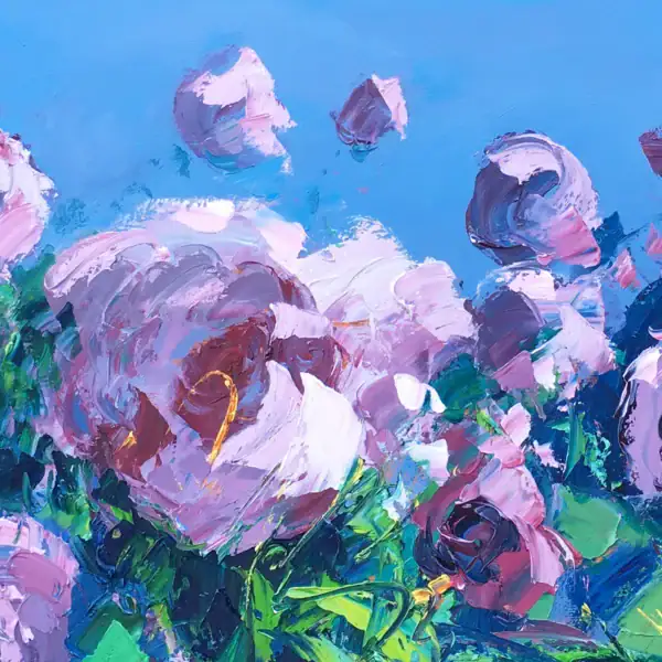 Macro detail of the pink peony blossoms, showing the thick layers of oil paint and the vibrant blue sky in the background.