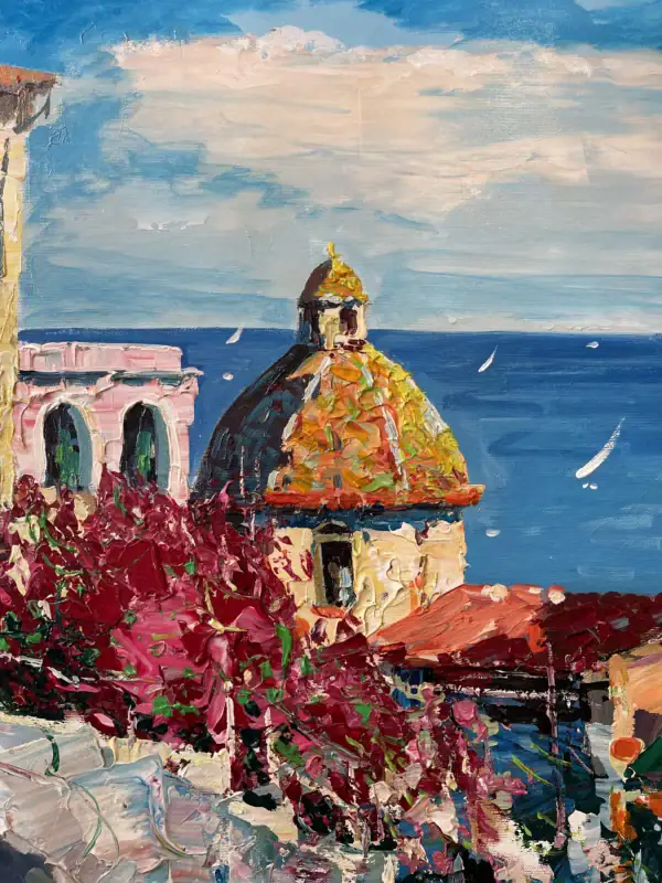 Close-up macro view highlighting the rich, texturized palette knife strokes on the iconic golden church dome and the deep blue sea with small sailboats.